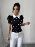 Ninonine "Colette" | Pearl-Embellished Contrast Collar Knit Top