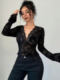 Ninonine "Seraphine" | Lace-Trimmed Floral Mesh V-Neck Top