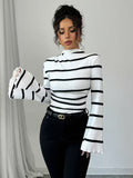 Ninonine "Genevieve" | Ribbed Flared-Sleeve Striped Turtleneck