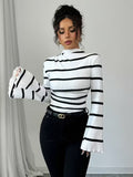 Ninonine "Genevieve" | Ribbed Flared-Sleeve Striped Turtleneck