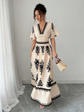 Ninonine "Amara" | Vintage Motif Shirred-Waist V-Neck Maxi Dress