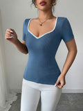 Ninonine "Maya" | Sweetheart Ribbed Knit Contrast Top