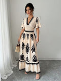 Ninonine "Amara" | Vintage Motif Shirred-Waist V-Neck Maxi Dress