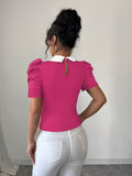 Ninonine "Odette" | Pearl-Adorned Contrast Collar Knit Top