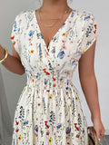Ninonine "Flora" | Shirred-Waist V-Neck Floral Maxi Dress