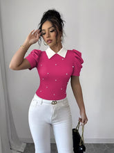 Ninonine "Odette" | Pearl-Adorned Contrast Collar Knit Top