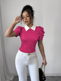 Ninonine "Odette" | Pearl-Adorned Contrast Collar Knit Top