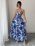 Ninonine "Sapphire" | Porcelain Botanical Ring-Detail Maxi Dress
