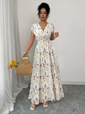 Ninonine "Flora" | Shirred-Waist V-Neck Floral Maxi Dress