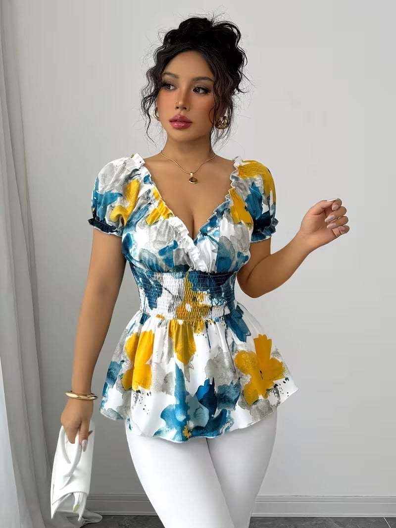 Ninonine "Elora" | Shirred Waist Artistic Floral Blouse