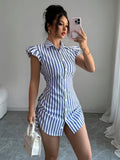 Ninonine "Marina" | Flutter Sleeve Ruched Stripe Shirt Dress