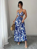 Ninonine "Sapphire" | Porcelain Botanical Ring-Detail Maxi Dress