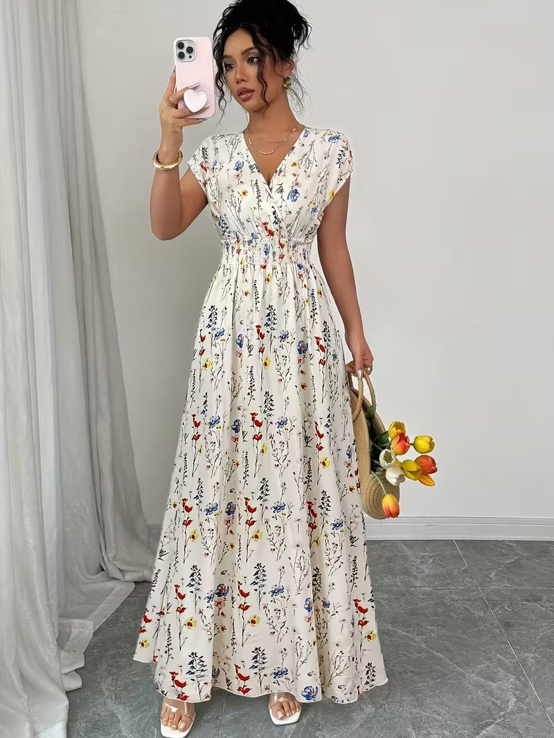 Ninonine "Flora" | Shirred-Waist V-Neck Floral Maxi Dress