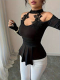 Ninonine "Evangeline" | Off-Shoulder Lace-Appliqué Peplum Top