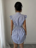 Ninonine "Marina" | Flutter Sleeve Ruched Stripe Shirt Dress