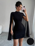 Ninonine "Hestia" | Mandarin Collar Cape-Sleeve Bodycon Dress
