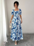 Ninonine "Isadora" | Azure Bloom Puff Sleeve Tiered Maxi Dress