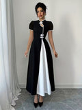 Ninonine "Yuki" | Contrast Trim Mandarin Collar Maxi Dress