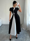 Ninonine "Yuki" | Contrast Trim Mandarin Collar Maxi Dress