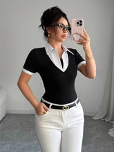 Ninonine "Giselle" | Layered Pinstripe Contrast Collar Top