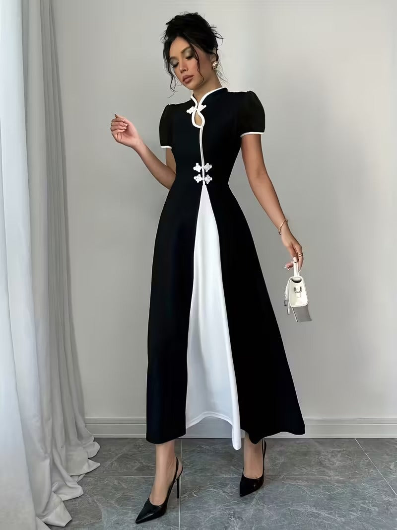 Ninonine "Yuki" | Contrast Trim Mandarin Collar Maxi Dress