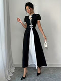 Ninonine "Yuki" | Contrast Trim Mandarin Collar Maxi Dress