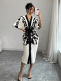 Ninonine "Elegance" | Positioning-Print V-Neck Front-Tie Slim Fit Dress