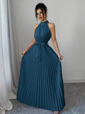 Ninonine "Serene" | Pleated Halter-Neck Maxi Gown with Ribbon Belt