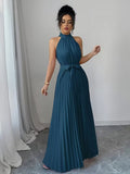 Ninonine "Serene" | Pleated Halter-Neck Maxi Gown with Ribbon Belt