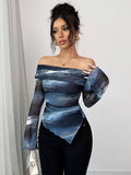 Ninonine "Lyra" | Abstract Midnight Off-Shoulder Asymmetrical Top