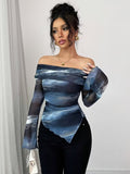 Ninonine "Lyra" | Abstract Midnight Off-Shoulder Asymmetrical Top