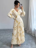 Ninonine "Aurelia" | Golden Foil Pleated V-Neck Maxi Gown