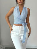 Ninonine "Isla" | Striped Wrap-Front Halterneck Top