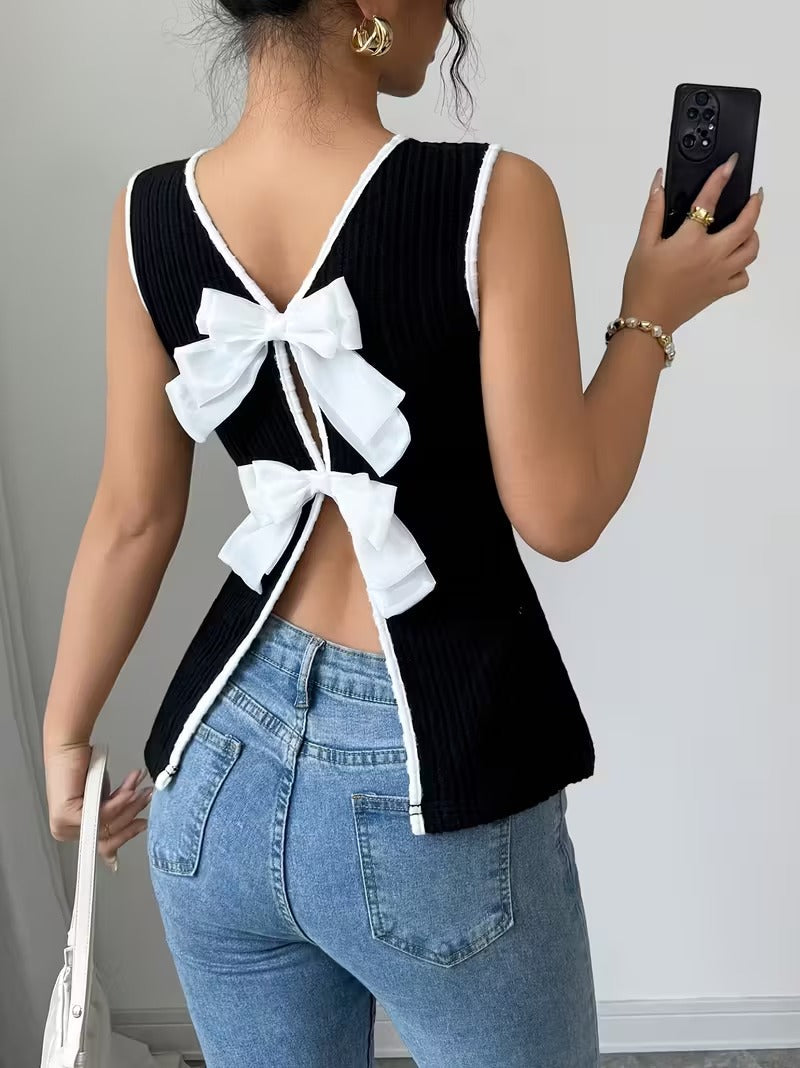 Ninonine "Amélie" | Contrast Trim Ribbed Back-Bow Vest