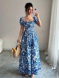 Ninonine "Azurea" | Smocked Back Puff Sleeve Botanical Maxi Dress