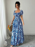 Ninonine "Azurea" | Smocked Back Puff Sleeve Botanical Maxi Dress