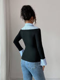 Ninonine "Geneva" | Layered Two-Tone Polo Knit Top