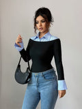 Ninonine "Geneva" | Layered Two-Tone Polo Knit Top