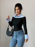 Ninonine "Geneva" | Layered Two-Tone Polo Knit Top
