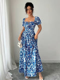 Ninonine "Azurea" | Smocked Back Puff Sleeve Botanical Maxi Dress