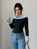Ninonine "Geneva" | Layered Two-Tone Polo Knit Top