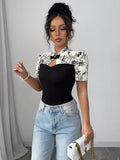 Ninonine "Inès" | Floral Spliced Mandarin Collar Top
