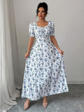 Ninonine "Isabelle" | Smocked Back Puff Sleeve Floral Fit & Flare Dress