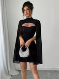 Ninonine "Lyra" | Shimmering Cape-Sleeve Cutout Bodycon Dress