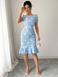Ninonine "Seraphina" | Floral Jacquard Ruffled Mermaid Midi Dress