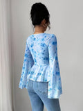Ninonine "Elowen" | Floral Mesh Bow-Front Peplum Top