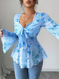 Ninonine "Elowen" | Floral Mesh Bow-Front Peplum Top