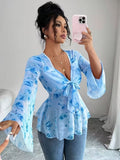 Ninonine "Elowen" | Floral Mesh Bow-Front Peplum Top