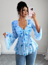 Ninonine "Elowen" | Floral Mesh Bow-Front Peplum Top