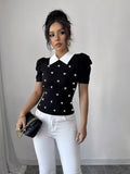 Ninonine "Colette" | Pearl-Embellished Contrast Collar Knit Top